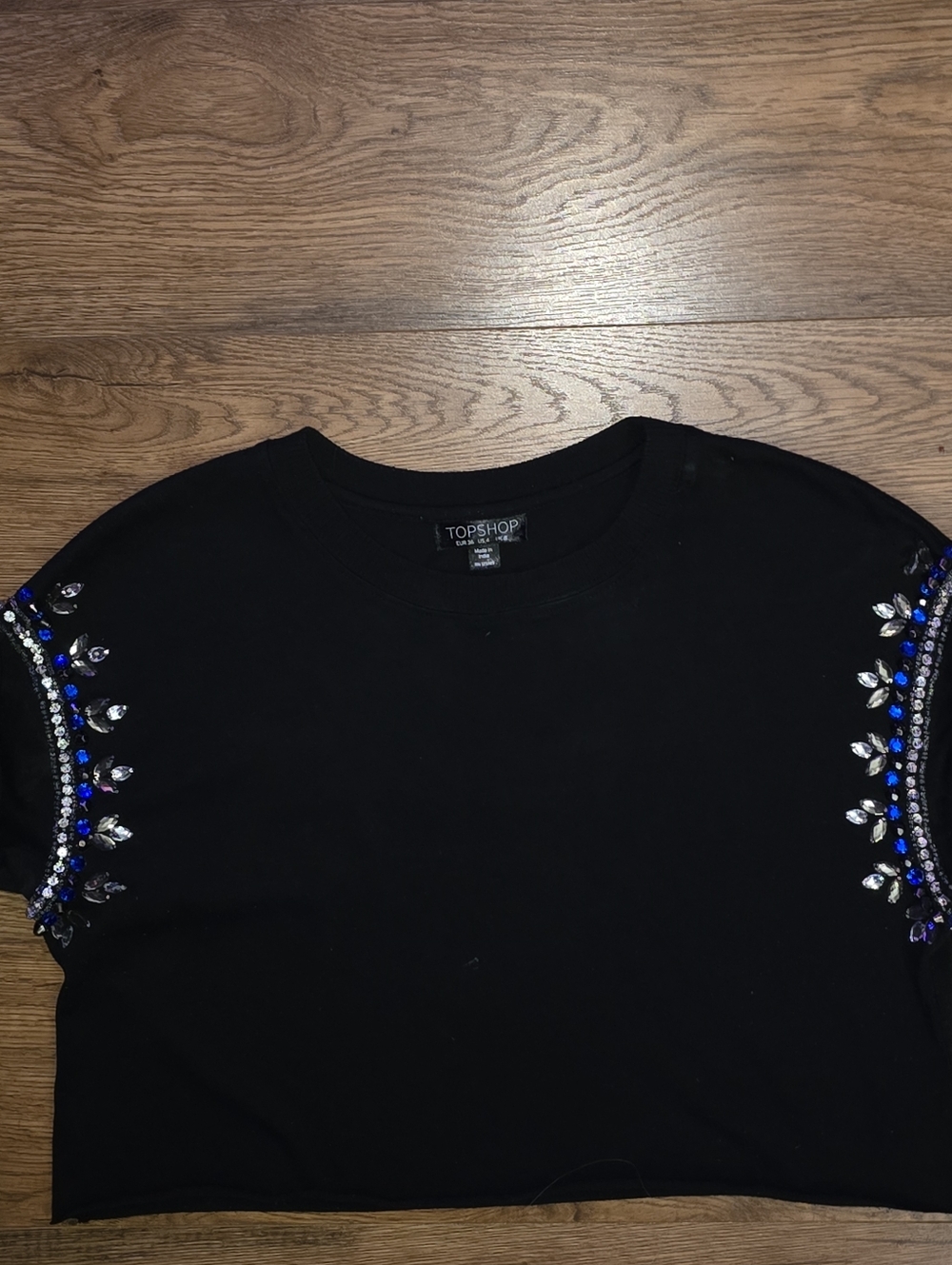 Topshop Black Cropped Tee with Blue and Silver Embellishments